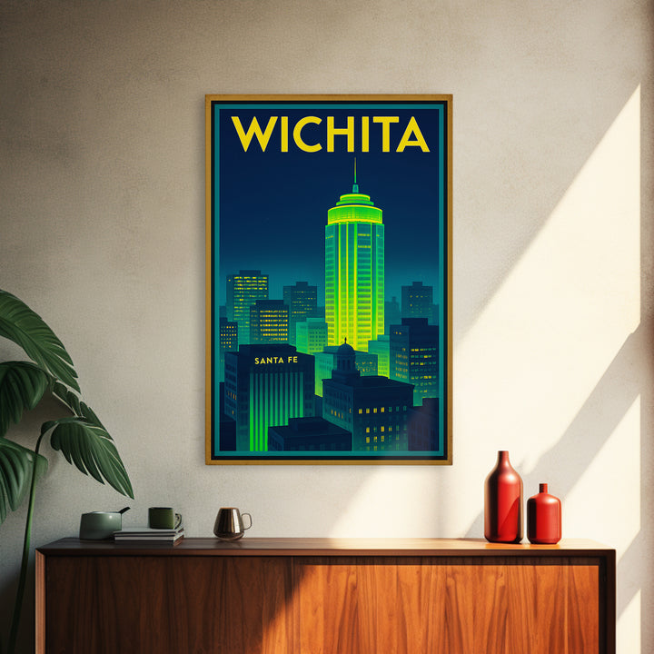 Wichita Travel Poster, Framed Canvas Print, Cyberpunk Style City Art, Wichita Art Print, Living Room Wall Art, City Travel Prints