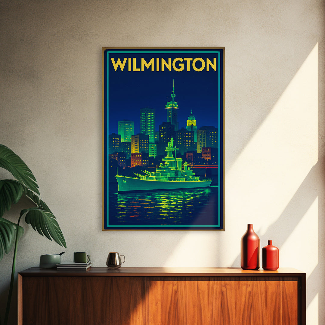 Wilmington Travel Poster, Canvas Print, Neon Skyline Art Wall Art, Wilmington Travel Art, Travel Poster Art, Vintage City Art, Art Print