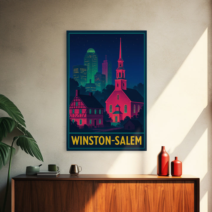 Winston Salem North Carolina Travel Poster, Canvas Print, Retro Neon Travel Art, Winston Salem Art Print, Watercolor Urban Skyline