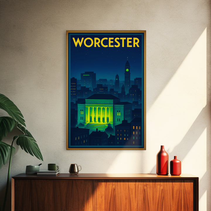 Worcester Travel Poster, Framed Canvas Print, Neon Skyline Art Wall Art, Worcester Travel Art, Vintage Travel Print, Vintage City Poster