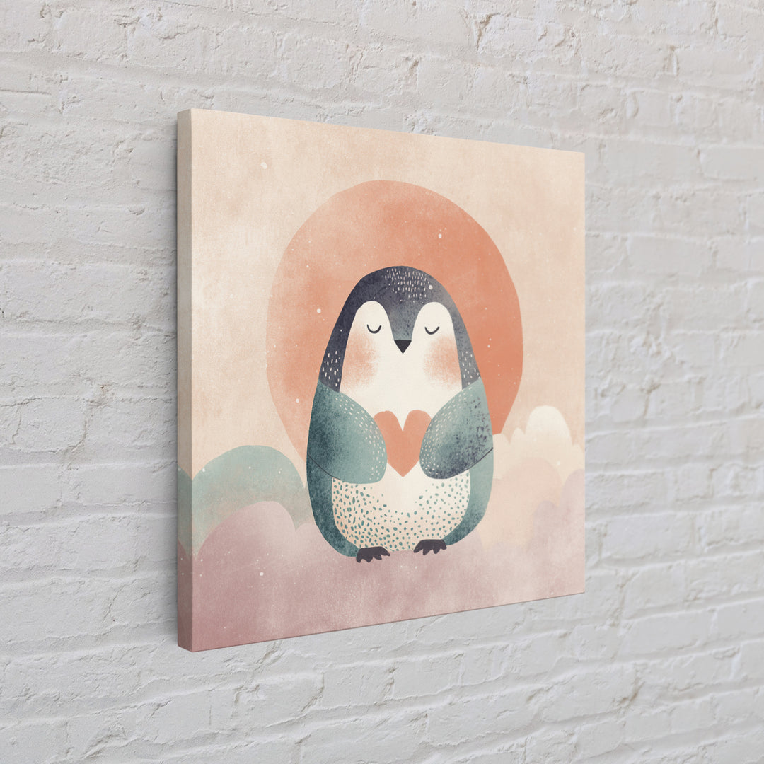 Penguin Holding a Little Heart Shape Canvas Print, Nursery Art, Watercolor Print, Nursery Decor, Abstract Art, Nursery, NUR-1x1-10