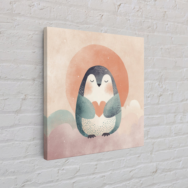 Penguin Holding a Little Heart Shape Canvas Print, Nursery Art, Watercolor Print, Nursery Decor, Abstract Art, Nursery, NUR-1x1-10