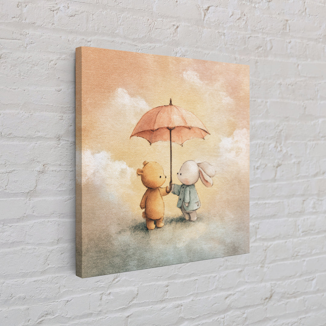 Bear and Rabbit Sharing Umbrella Framed Canvas Print, Nursery Art, Home Decor, Nursery Decor, Fine Art, Nursery, NUR-1x1-41