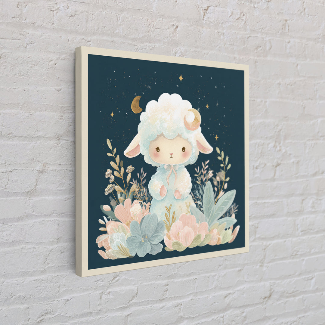 Little Lamb under a Starry Sky Framed Canvas Print, Nursery Art, Woodland Nursery, Nursery Decor, Oil Painting, Nursery, NUR-1x1-43