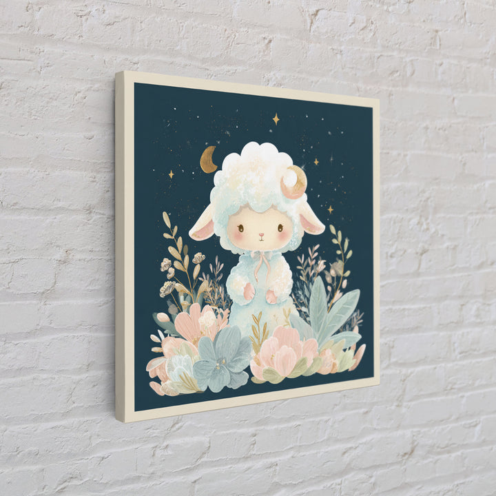 Little Lamb under a Starry Sky Framed Canvas Print, Nursery Art, Woodland Nursery, Nursery Decor, Oil Painting, Nursery, NUR-1x1-43