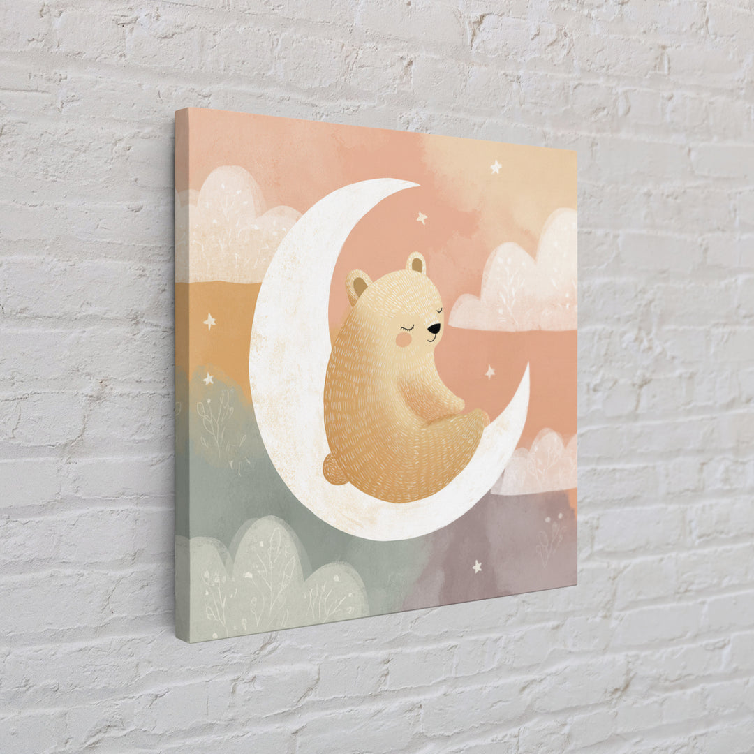 Baby Bear Floating on a Crescent Moon Canvas Print, Nursery Art, Kids Wall Decor, Nursery Decor, Oil Painting, Nursery, NUR-1x1-54