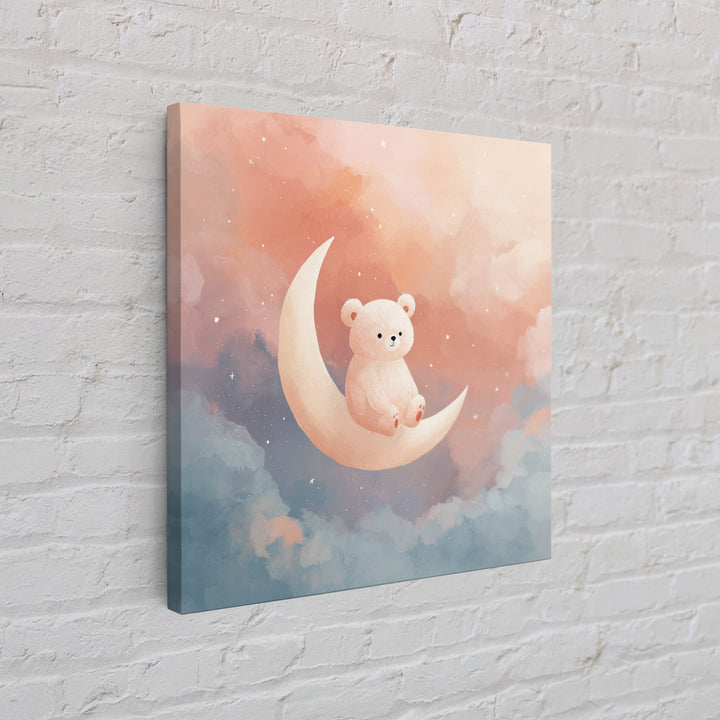 Baby Bear Floating on a Crescent Moon Framed Canvas Print, Nursery Art, Woodland Nursery, Nursery Decor, Watercolor Art, NUR-1x1-6