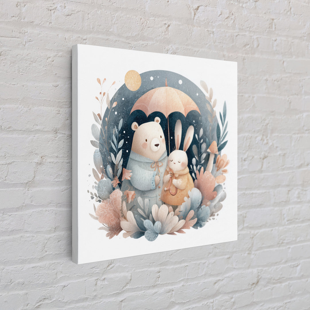 Bear and Rabbit Sharing Umbrella Framed Canvas Print, Nursery Art, Home Decor, Nursery Decor, Fine Art, Nursery, NUR-1x1-65
