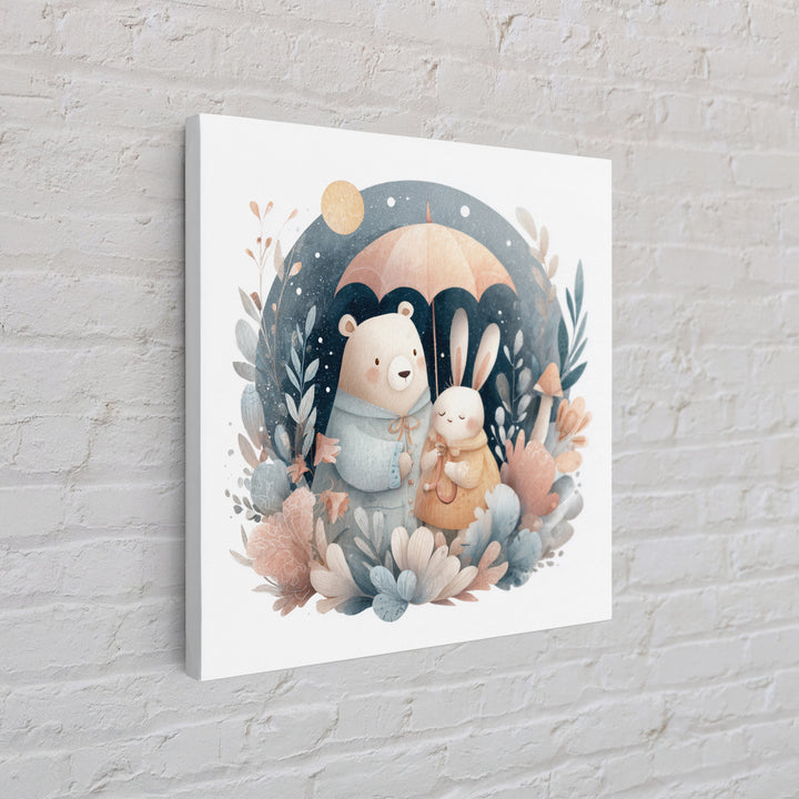 Bear and Rabbit Sharing Umbrella Framed Canvas Print, Nursery Art, Home Decor, Nursery Decor, Fine Art, Nursery, NUR-1x1-65