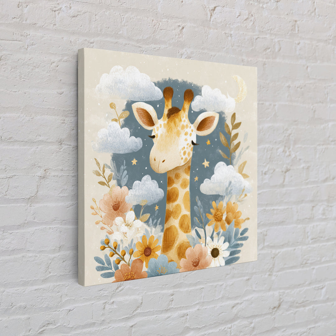 Gentle Giraffe with Pastel Flowers Framed Canvas Print, Nursery Art, Whimsical Wall Art, Nursery Decor, Watercolor Art, Nursery, NUR-1x1-74