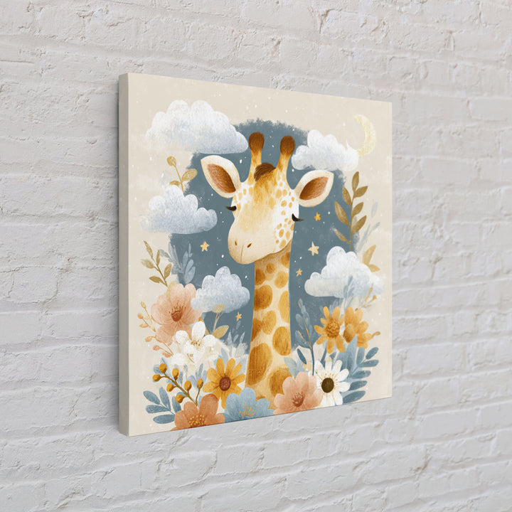 Gentle Giraffe with Pastel Flowers Framed Canvas Print, Nursery Art, Whimsical Wall Art, Nursery Decor, Watercolor Art, Nursery, NUR-1x1-74