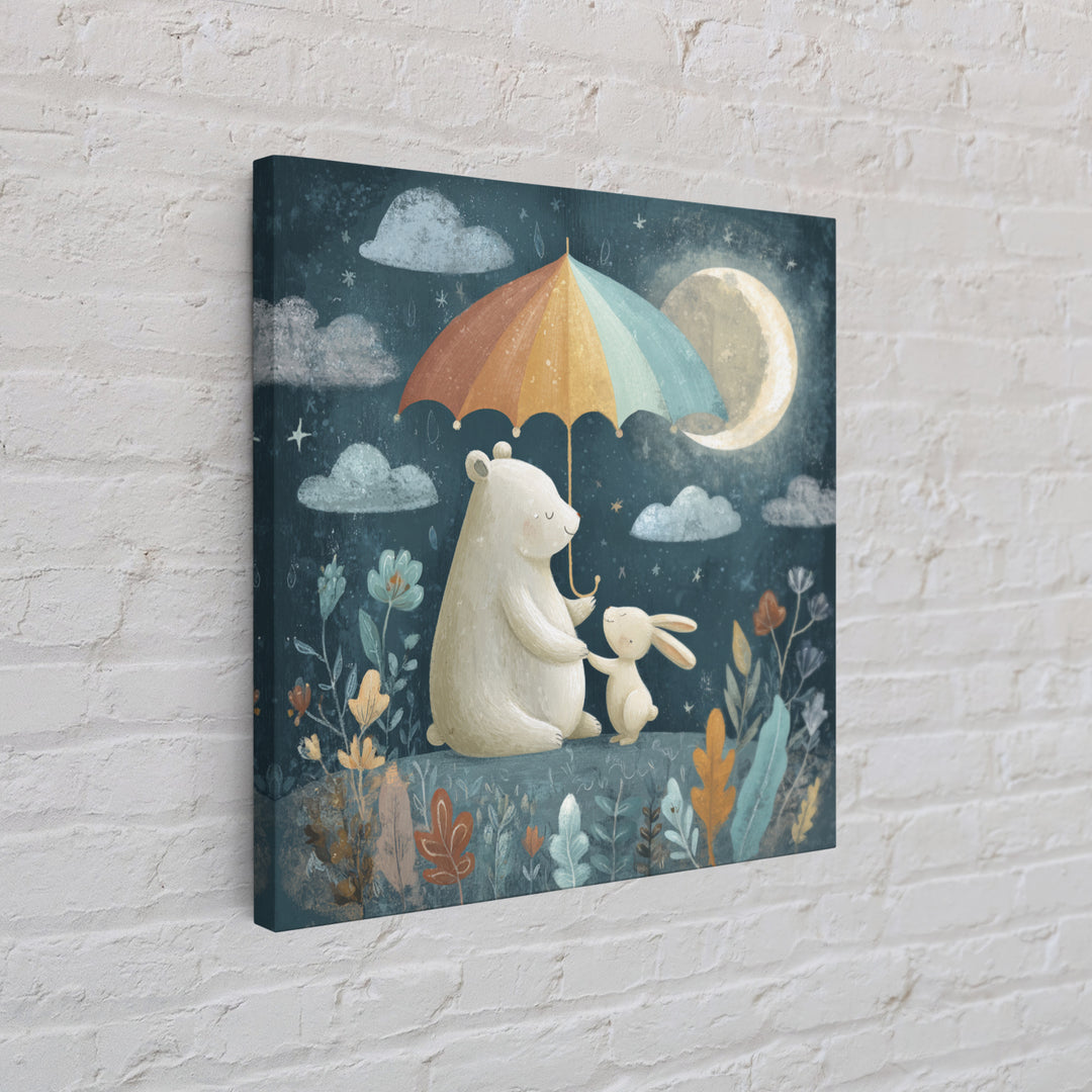 Bear and Rabbit Sharing Umbrella Canvas Print, Nursery Art, Boho Decor, Nursery Decor, Fine Art, Nursery, Wall Hangings, NUR-1x1-89