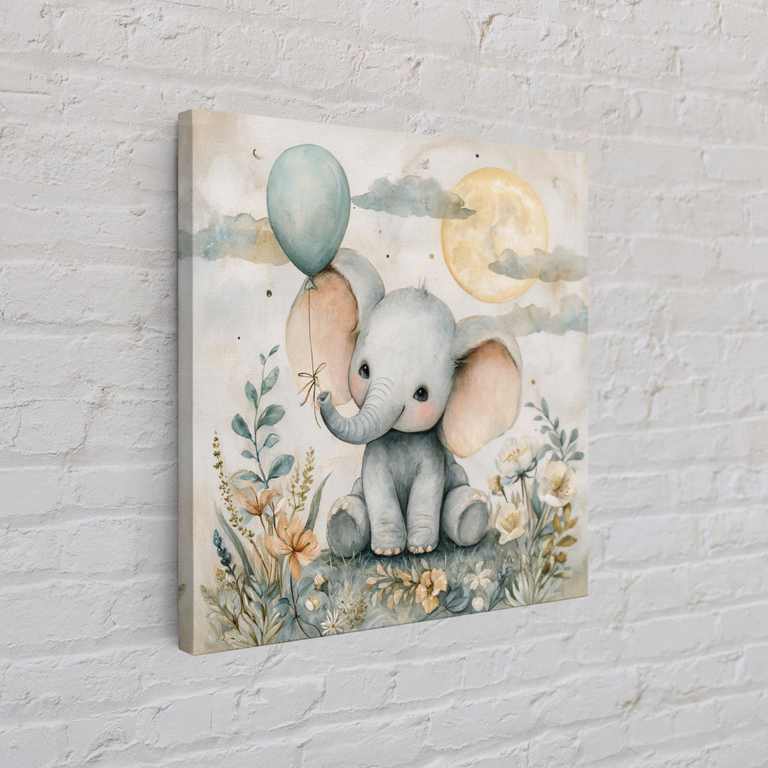 Sleepy Baby Elephant Holding a Tiny Balloon Canvas Print, Nursery Art, Wall Art, Nursery Decor, Oil Painting, Nursery, NUR-1x1-97
