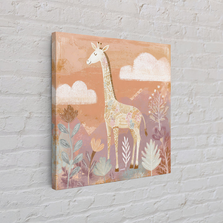 Gentle Giraffe with Pastel Flowers Canvas Print, Nursery Art, Statement Artwork, Nursery Decor, Fine Art, Nursery, NUR-1x1-98