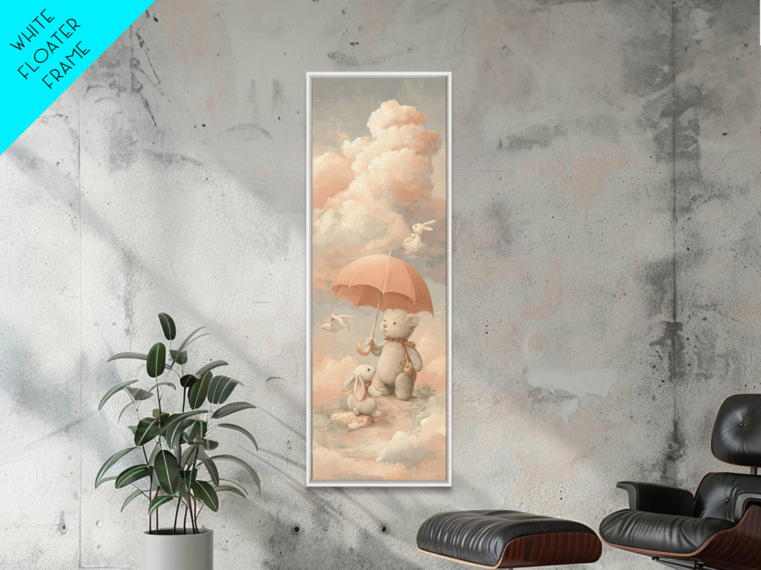 Bear and Rabbit Sharing Umbrella Framed Canvas Print, Nursery Art, Neutral Decor, Nursery Decor, Fine Art, Nursery, Wall Decor, NUR-1x3-29