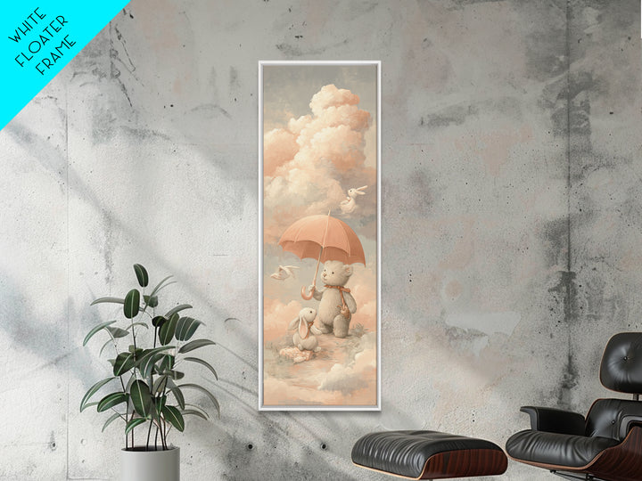 Bear and Rabbit Sharing Umbrella Framed Canvas Print, Nursery Art, Neutral Decor, Nursery Decor, Fine Art, Nursery, Wall Decor, NUR-1x3-29