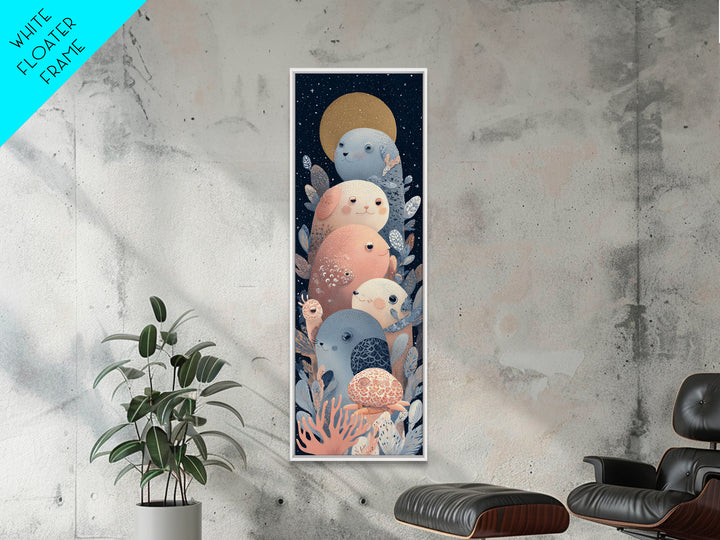 Friendly Ocean Creatures Framed Canvas Print, Nursery Art, Nursery Decor, Watercolor Art, Nursery, Wall Art Print, NUR-1x3-36