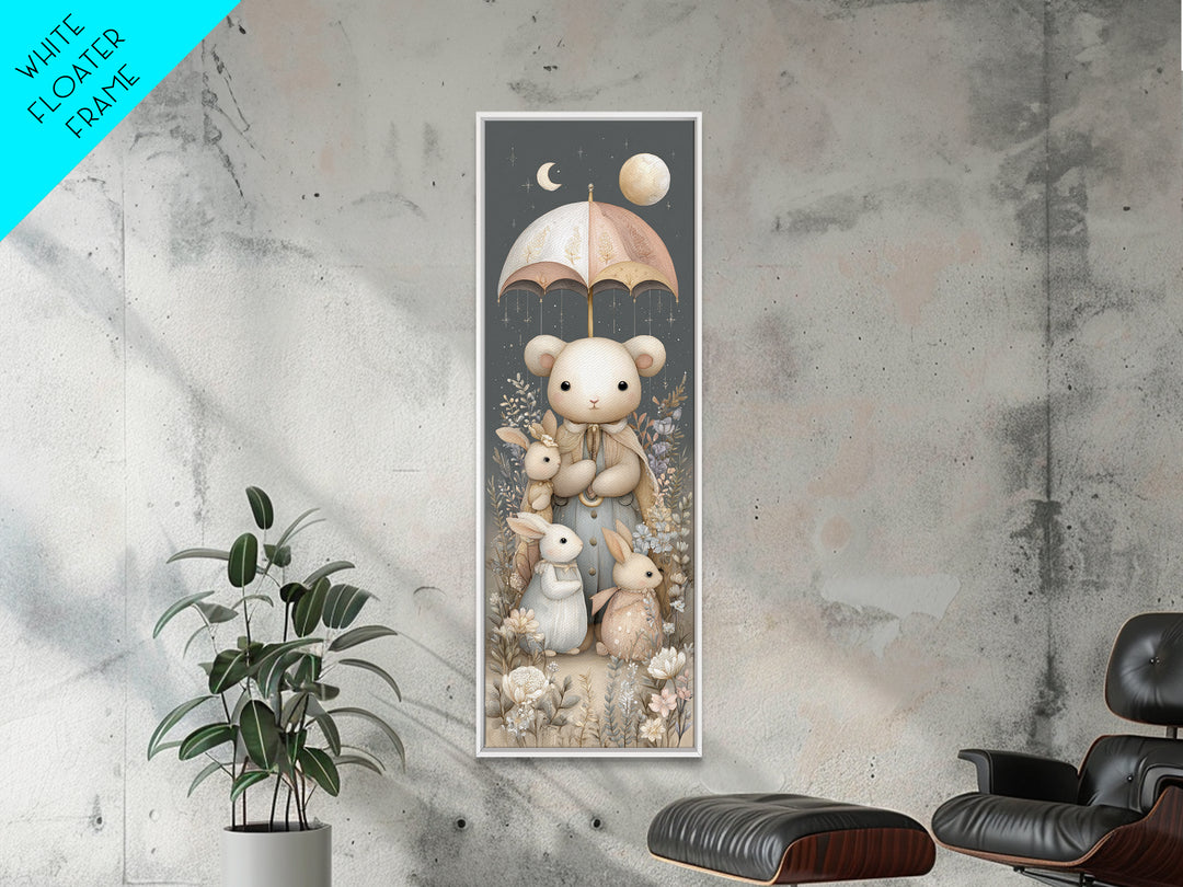 Bear and Rabbit Sharing Umbrella Canvas Print, Nursery Art, Dinosaur Wall Art, Nursery Decor, Fine Art, Nursery, Room Decor, NUR-1x3-5