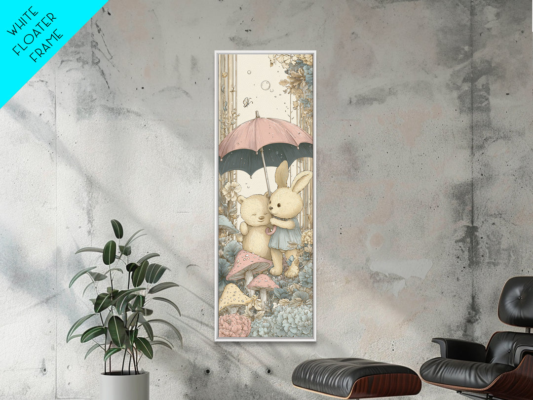 Bear and Rabbit Sharing Umbrella Framed Canvas Print, Nursery Art, Neutral Decor, Nursery Decor, Fine Art, Nursery, Wall Decor, NUR-1x3-53
