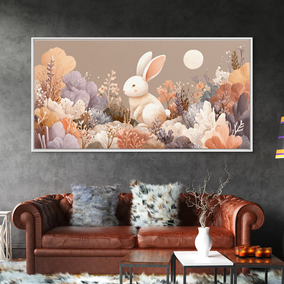 Soft Bunny in a Wildflower Meadow Framed Canvas Print, Nursery Art, Wall Decor, Nursery Decor, Oil Painting, Nursery, NUR-2x1-1