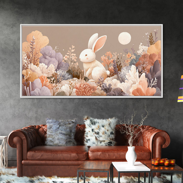 Soft Bunny in a Wildflower Meadow Framed Canvas Print, Nursery Art, Wall Decor, Nursery Decor, Oil Painting, Nursery, NUR-2x1-1