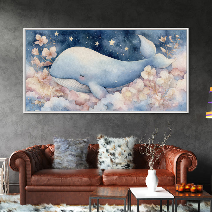 Whale and Tiny Stars Framed Canvas Print, Nursery Art, Playroom Wall Decor, Nursery Decor, Fine Art, Nursery, Modern Decor, NUR-2x1-100