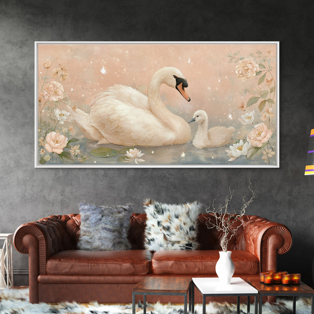 Swan and Cygnet Framed Canvas Print, Nursery Art, Luxury Decor, Nursery Decor, Nursery, Nursery Wall Art, Printable Art, NUR-2x1-12