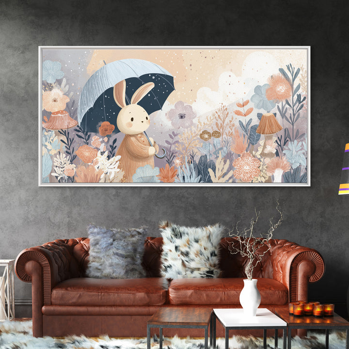 Bear and Rabbit Sharing Umbrella Framed Canvas Print, Nursery Art, Minimalist Decor, Nursery Decor, Fine Art, Nursery, NUR-2x1-13