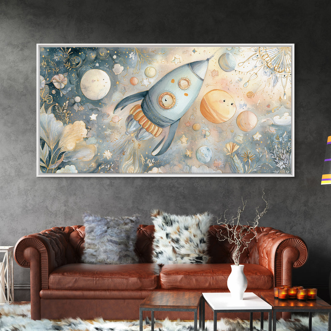 Rocket Ship and Smiling Planets Canvas Print, Nursery Art, Contemporary Art, Nursery Decor, Fine Art, Nursery, Nursery Prints, NUR-2x1-17