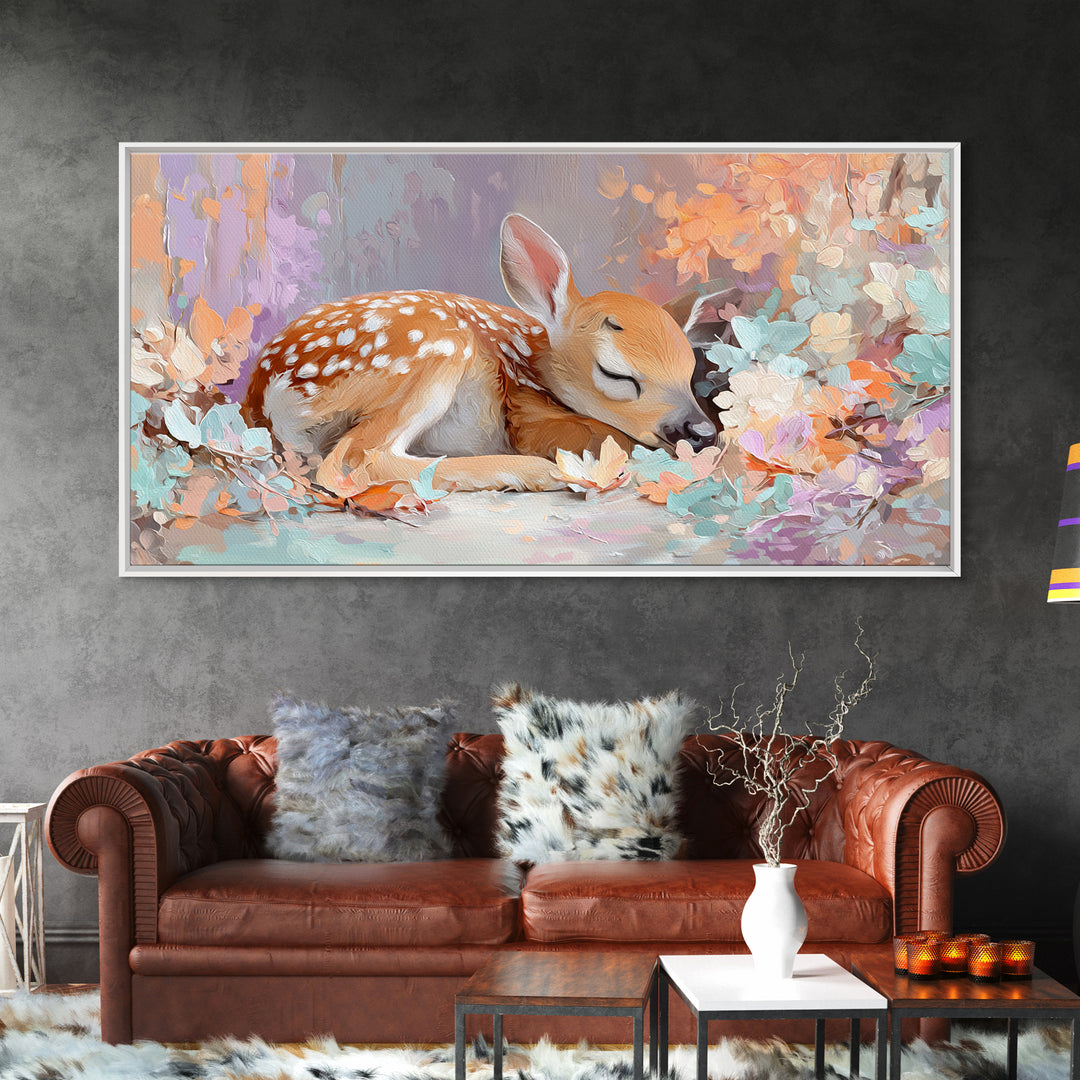 Deer Fawn Sleeping Framed Canvas Print, Nursery Art, Kids Room Wall Art, Nursery Decor, Fine Art, Nursery, Luxury Decor, NUR-2x1-19