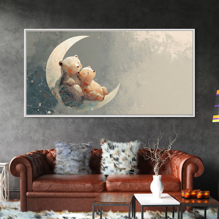Baby Bear Floating on a Crescent Moon Canvas Print, Nursery Art, Boho Decor, Nursery Decor, Abstract Art, Nursery, NUR-2x1-2