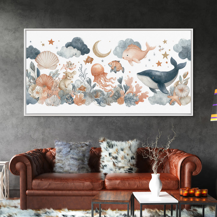 Friendly Ocean Creatures Framed Canvas Print, Nursery Art, Fine Art Print, Nursery Decor, Watercolor Art, Nursery, Digital Art, NUR-2x1-20