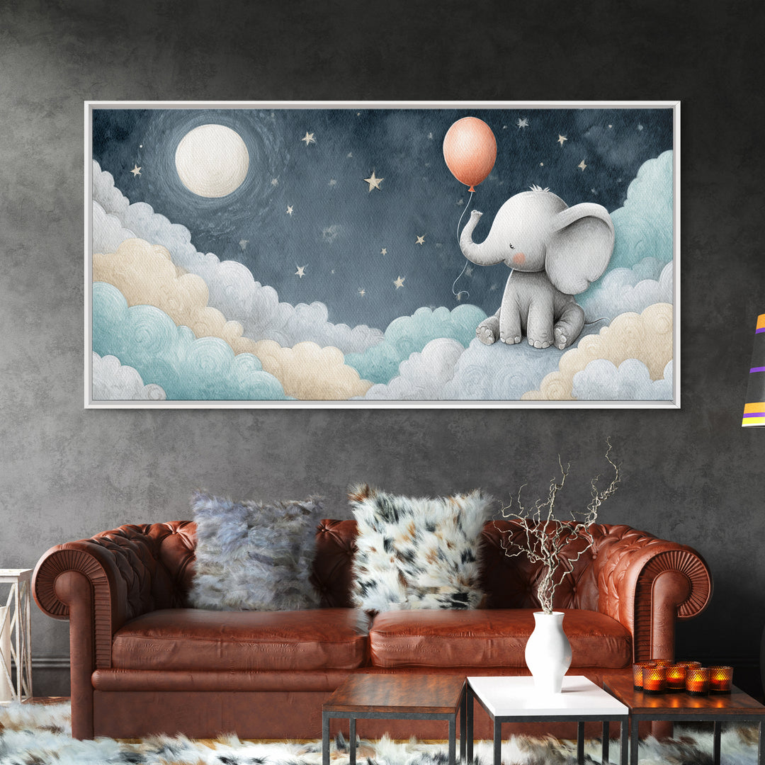 Sleepy Baby Elephant Holding a Tiny Balloon Canvas Print, Nursery Art, Wall Art, Nursery Decor, Oil Painting, Nursery, NUR-2x1-21