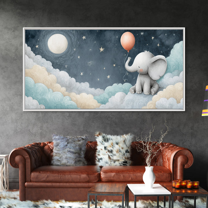 Sleepy Baby Elephant Holding a Tiny Balloon Canvas Print, Nursery Art, Wall Art, Nursery Decor, Oil Painting, Nursery, NUR-2x1-21