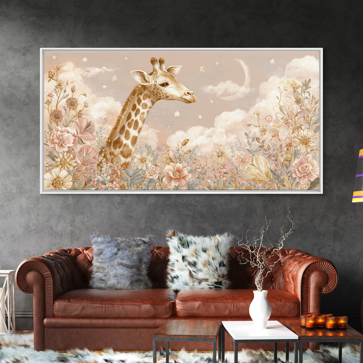 Gentle Giraffe with Pastel Flowers Canvas Print, Nursery Art, Statement Artwork, Nursery Decor, Fine Art, Nursery, NUR-2x1-22