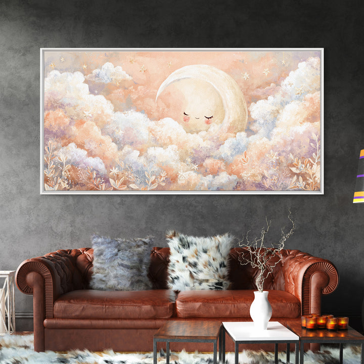 Moon and Stars Framed Canvas Print, Nursery Art, Nursery Decor, Watercolor Art, Nursery, Kids Wall Art, Woodland Nursery, NUR-2x1-23