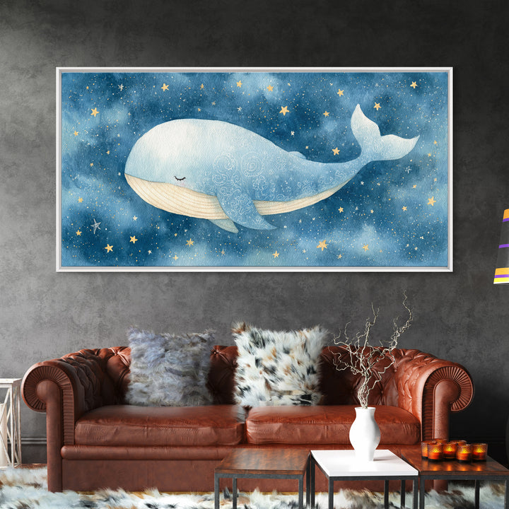 Whale and Tiny Stars Framed Canvas Print, Nursery Art, Minimalist Decor, Nursery Decor, Fine Art, Nursery, Nursery Wall Decor, NUR-2x1-28