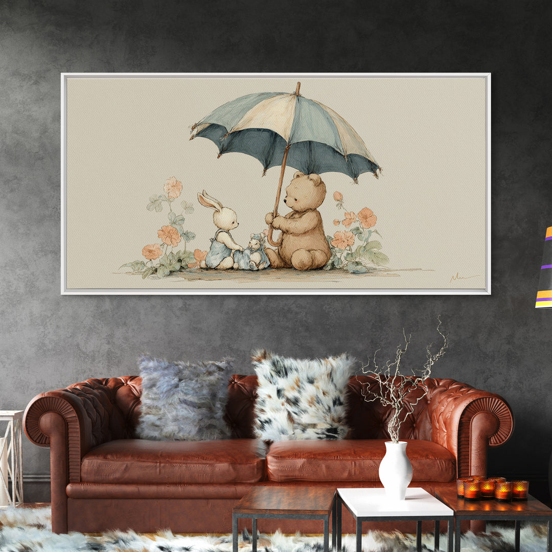 Bear and Rabbit Sharing Umbrella Framed Canvas Print, Nursery Art, Minimalist Decor, Nursery Decor, Fine Art, Nursery, NUR-2x1-37