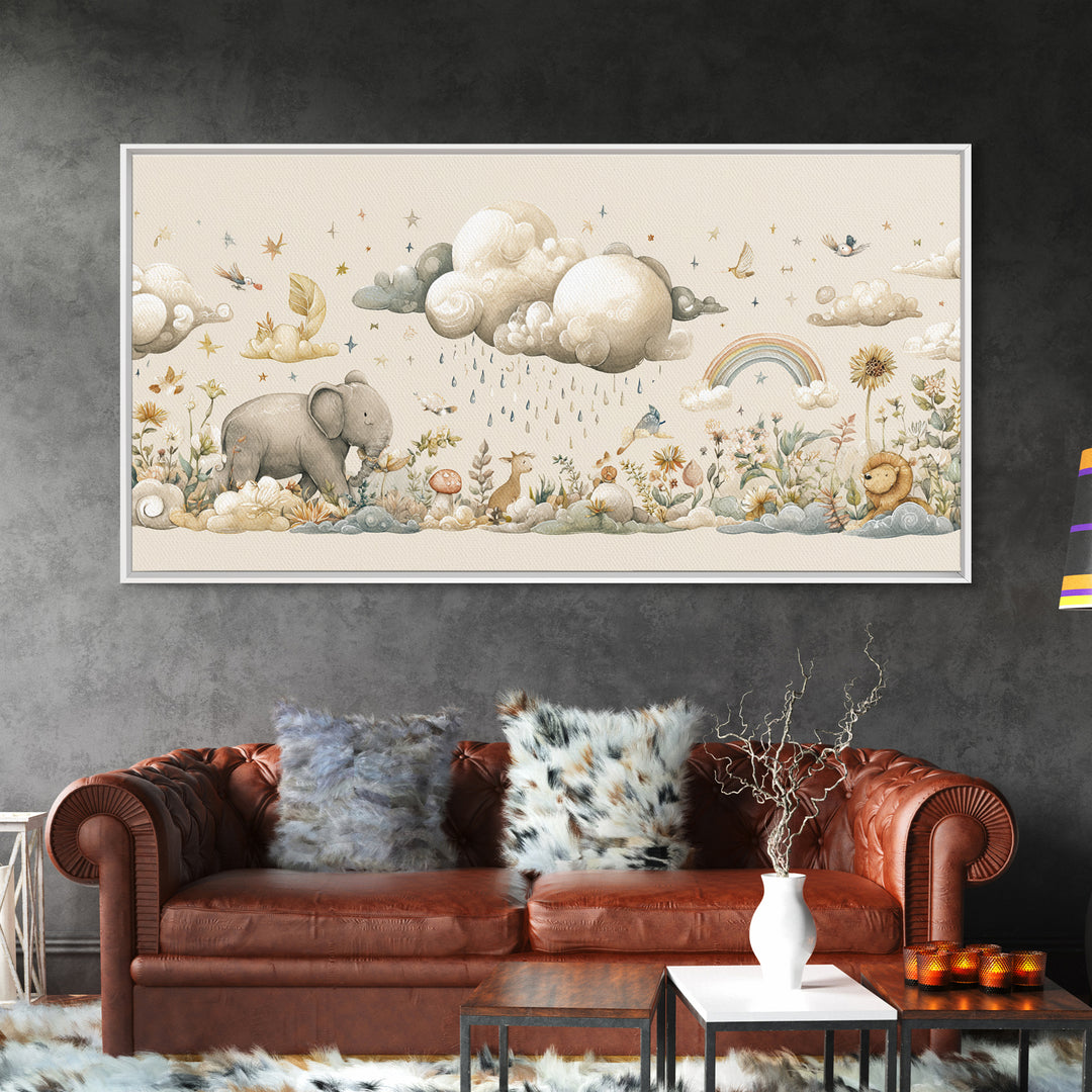 Clouds and Raindrops Framed Canvas Print, Nursery Art, Fine Art Print, Nursery Decor, Fine Art, Nursery, Digital Art, NUR-2x1-42