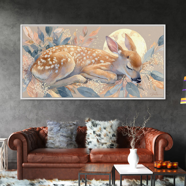 Deer Fawn Sleeping Framed Canvas Print, Nursery Art, Wall Hangings, Nursery Decor, Fine Art, Nursery, Digital Download Art, NUR-2x1-43