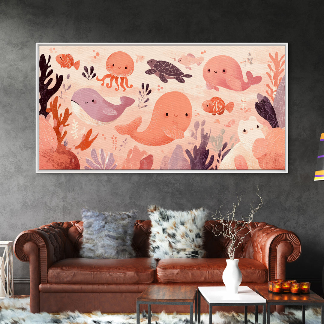 Friendly Ocean Creatures Canvas Print, Nursery Art, Textured Painting, Nursery Decor, Fine Art, Nursery, Wall Art Print, NUR-2x1-44