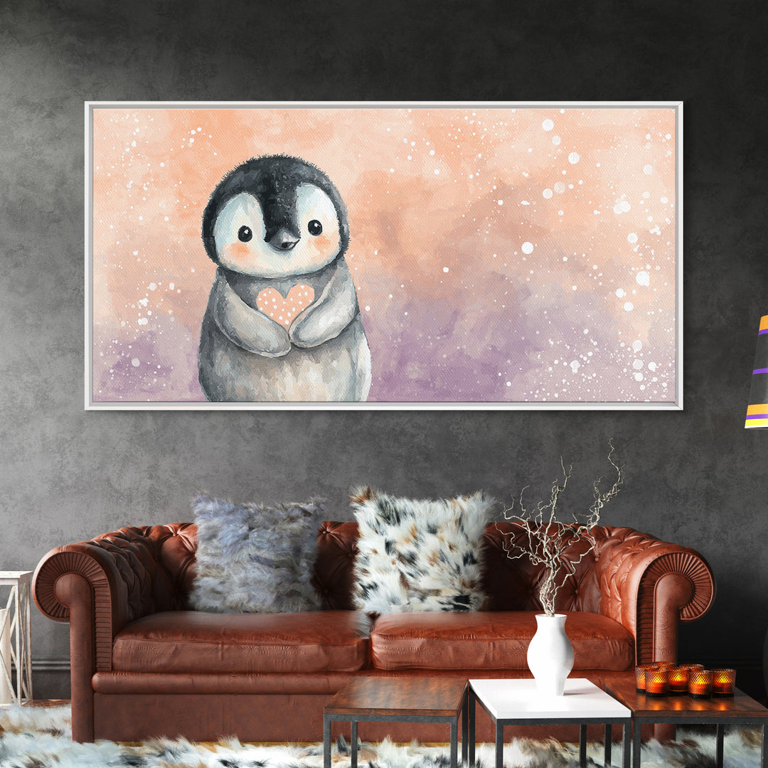 Penguin Holding a Little Heart Shape Canvas Print, Nursery Art, Contemporary Art, Nursery Decor, Abstract Art, Nursery, NUR-2x1-54