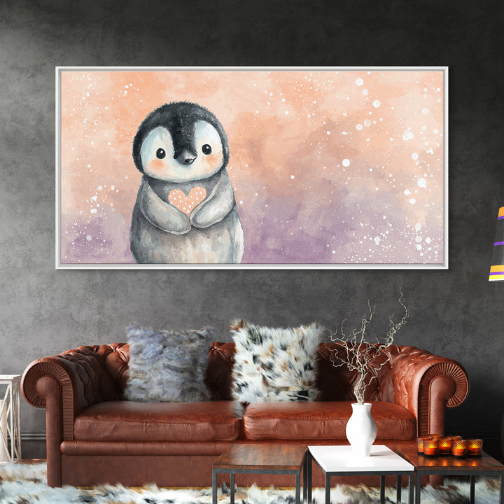 Penguin Holding a Little Heart Shape Canvas Print, Nursery Art, Contemporary Art, Nursery Decor, Abstract Art, Nursery, NUR-2x1-54