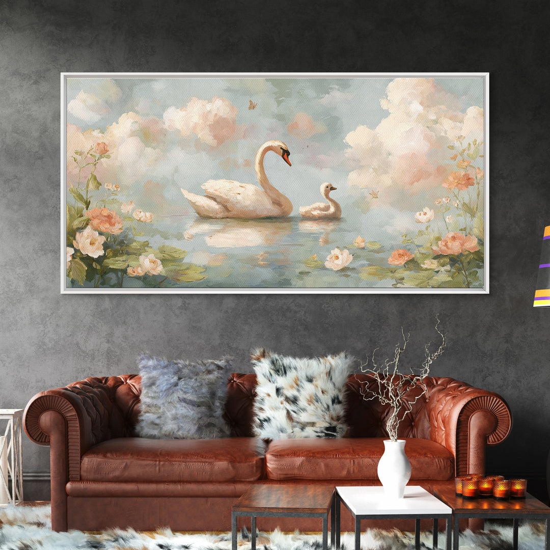 Swan and Cygnet Framed Canvas Print, Nursery Art, Nursery Decor, Oil Painting, Nursery, Kids Wall Art, Woodland Nursery, NUR-2x1-60