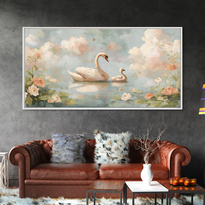 Swan and Cygnet Framed Canvas Print, Nursery Art, Nursery Decor, Oil Painting, Nursery, Kids Wall Art, Woodland Nursery, NUR-2x1-60