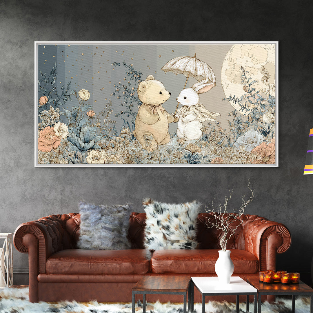 Bear and Rabbit Sharing Umbrella Canvas Print, Nursery Art, Printable Wall Art, Nursery Decor, Nursery, Butterfly Wall Art, NUR-2x1-61