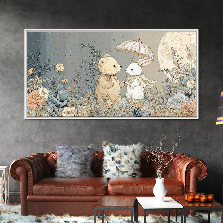 Bear and Rabbit Sharing Umbrella Canvas Print, Nursery Art, Printable Wall Art, Nursery Decor, Nursery, Butterfly Wall Art, NUR-2x1-61