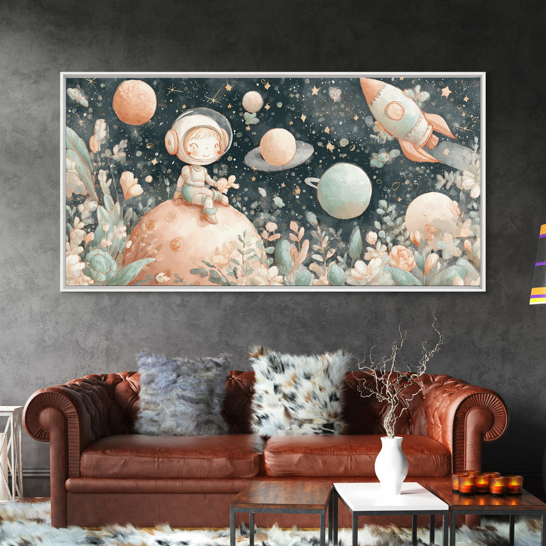 Rocket Ship and Smiling Planets Framed Canvas Print, Nursery Art, Wall Hangings, Nursery Decor, Abstract Art, Nursery, NUR-2x1-65