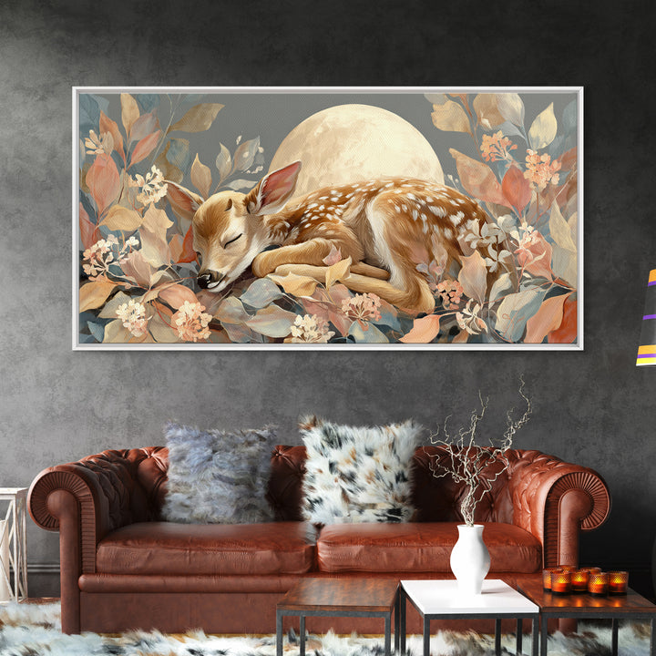 Deer Fawn Sleeping Framed Canvas Print, Nursery Art, Kids Room Art, Nursery Decor, Fine Art, Nursery, Textured Painting, NUR-2x1-67