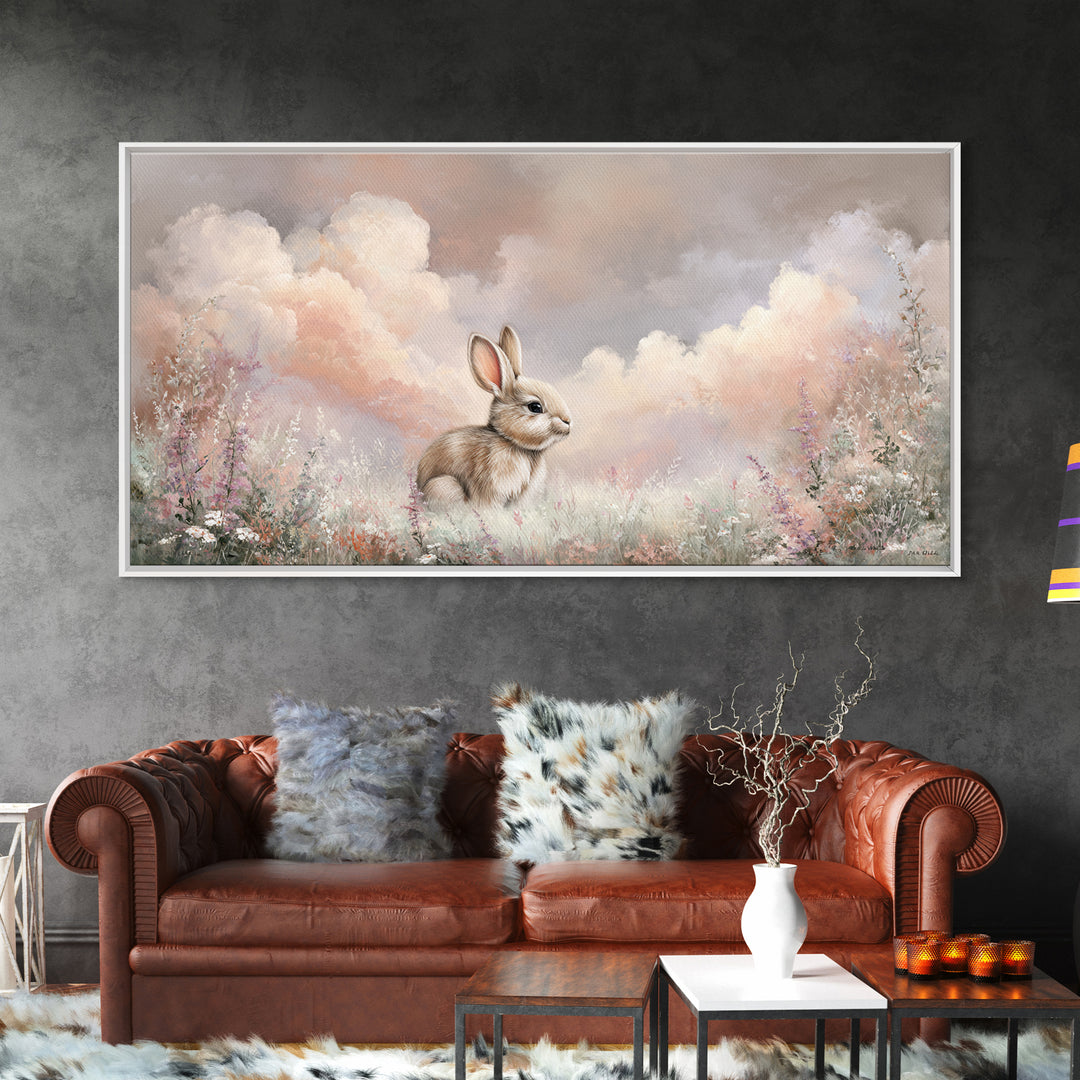 Soft Bunny in a Wildflower Meadow Canvas Print, Nursery Art, Nursery Wall Art, Nursery Decor, Watercolor Art, Nursery, NUR-2x1-73